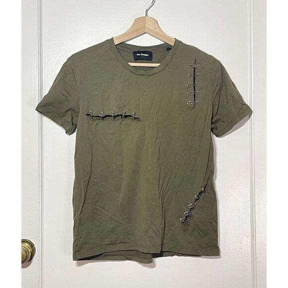 THE KOOPLES Army Green Slashed Safety Pin 100% Cotton Edgy Tee Women’s Size L US - Picture 1 of 8